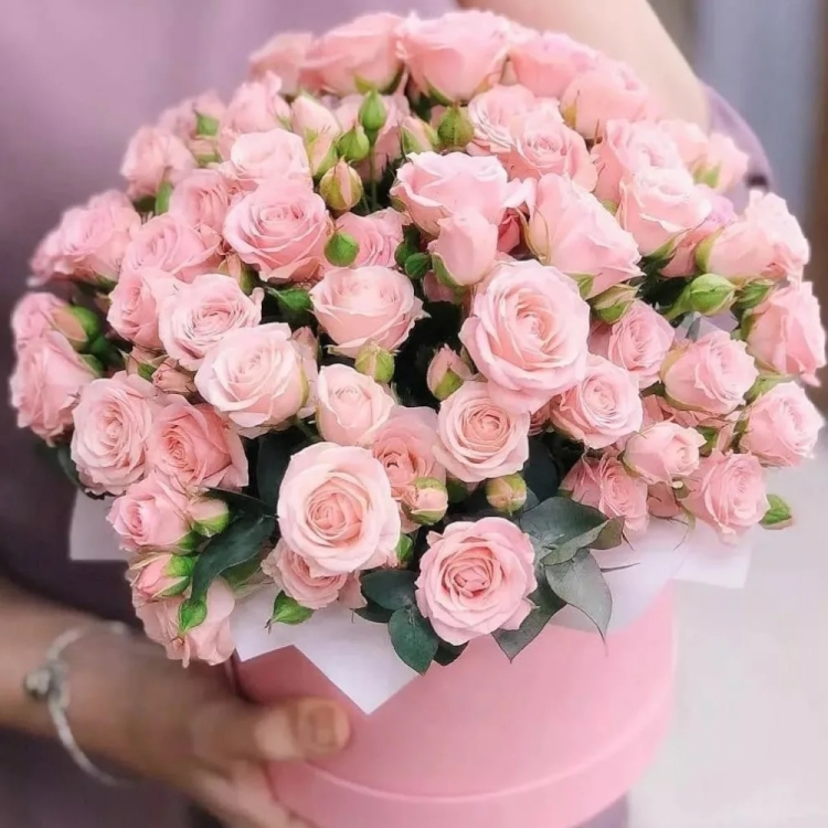 Купить композицию из нежно розовых кустовых роз с эвкалиптом в шляпной коробке в Омске с бесплатной доставкой